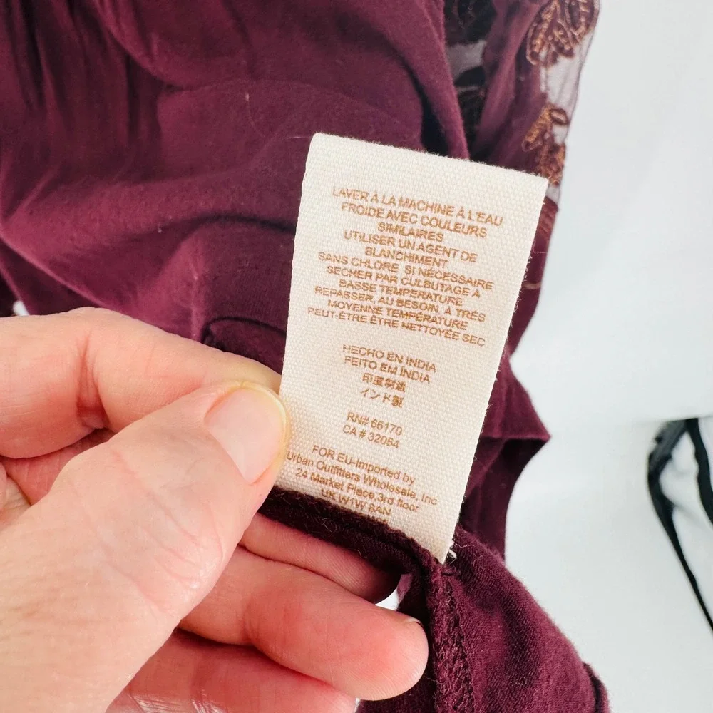 Free People Small Burgundy Plum Embroidered Lace Long Sleeve Top Boho Whimsigoth